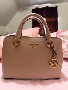 Michael Kors Pink Beige Saffiano Leather Satchel with Gold Hardware